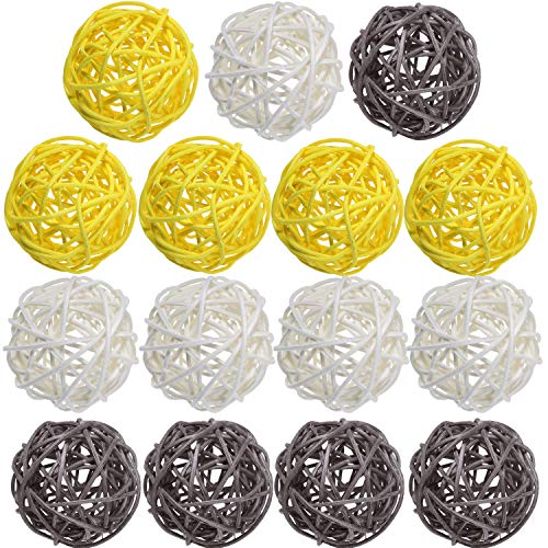 Book Cover Yaomiao 15 Pieces Wicker Rattan Balls Decorative Orbs Vase Fillers for Craft, Party, Valentine's Day, Wedding Table Decoration, Baby Shower, Aromatherapy Accessories, 1.8 Inch (Yellow Gray White)