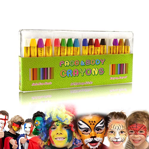 Book Cover Halloween Makeup GiBot Face Paint Crayons 16 Colors Face and Body Paint Sticks Body Tattoo Crayons Kit for Kids, Child,Toddlers, Adult and World Cup Carnival,Non-Toxic,Set of 16 Easter painting