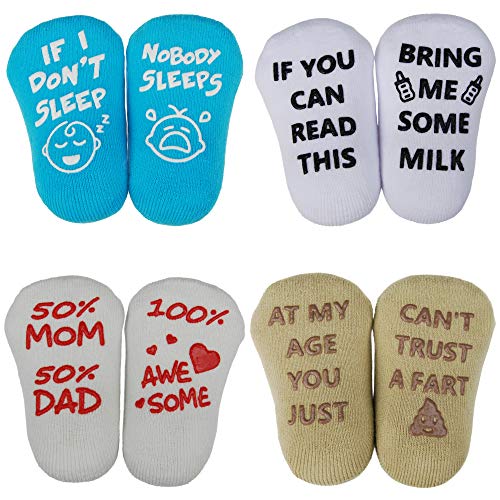Baby Socks Baby Shower Gift Box Set | 4 Pairs Funny Newborn Present | Cute 3-12 Months Old Baby Girl or Baby Boy Quote Socks