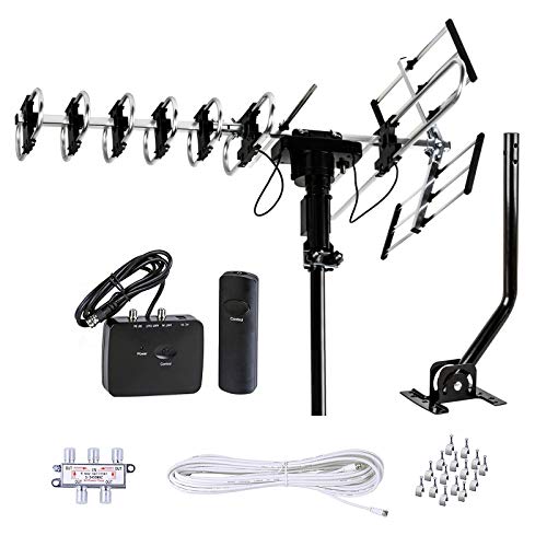 FiveStar Outdoor HD TV Antenna 2019 Newest Model Up To 200 Miles Range with Motorized 360 Degree Rotation, UHF/VHF/FM Radio with Infrared Remote Control Advanced Design With Installation Kit and Jpole
