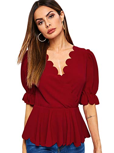 Verdusa Women's Scalloped Trim Wrap Front Half Sleeve Peplum Blouse Top Red XS