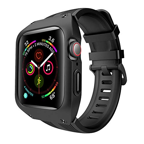 Book Cover OXWALLEN Compatible with Apple Watch 44mm Band with Case Series 4, Stylish Sillicone Bands with Protective Screen Protector Case for Apple iWatch 44mm, Boxer - Black