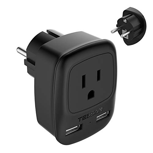 Schuko Germany France Plug Adapter - TESSAN Type E/F Grounded Power Travel Adaptor with Dual USB Charging Ports AC Outlet for USA to Iceland Spain Russia Sweden Norway Poland