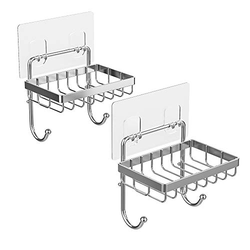 ODesign Soap Dish Sponge Holder with Hooks for Shower Bathroom Kitchen Adhesive Wall Mounted Stainless Steel No Drilling - 2 Pack