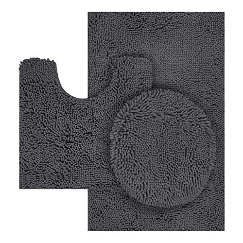 Book Cover TREETONE Chenille Bath Mat 3 Piece Bathroom Rugs Set , 20x20 Inchs U-Shape Contoured Toilet Mat & 20x32 Inchs Rug & 1 Lid Cover ,Soft ,Water Absorbent Rugs for Tub Shower & Bath Room - Charcoal Gray