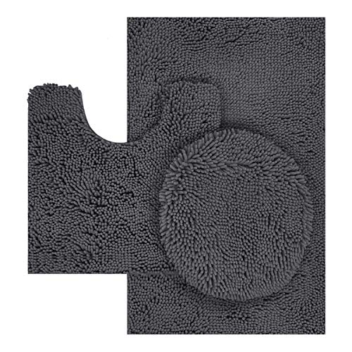 TREETONE Chenille Bath Mat 3 Piece Bathroom Rugs Set , 20x20 Inchs U-Shape Contoured Toilet Mat & 20x32 Inchs Rug & 1 Lid Cover ,Soft ,Water Absorbent Rugs for Tub Shower & Bath Room - Charcoal Gray