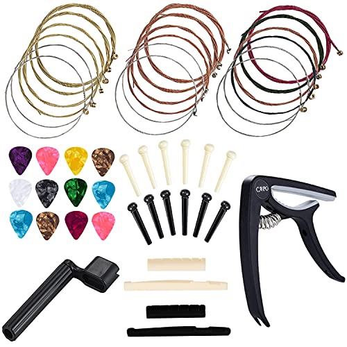 Book Cover Anvin Acoustic Guitar Accessories Kit Guitar Strings Replacement Changing Tool Including Guitar Acoustic Strings, Picks, Capo, String Winder, Bridge Pins, Picks for Guitar Players Beginners (48 Pcs)