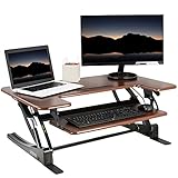 VIVO 36 inch Height Adjustable Stand Up Desk Converter, V Series, Quick Sit to Stand Tabletop Dual Monitor Riser Workstation, Dark Walnut Top, Black Frame, DESK-V000VD