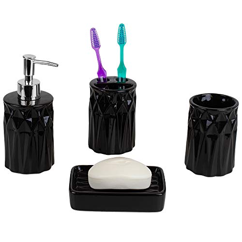 Home Basics Gift & D Beautiful Prism 4 Pcs Ceramic Durable Bath Accessory Set-Decorative Lotion Dispenser/Dish/Tumbler/Toothbrush Holder (Black) Perfect Gift & Decorating Idea