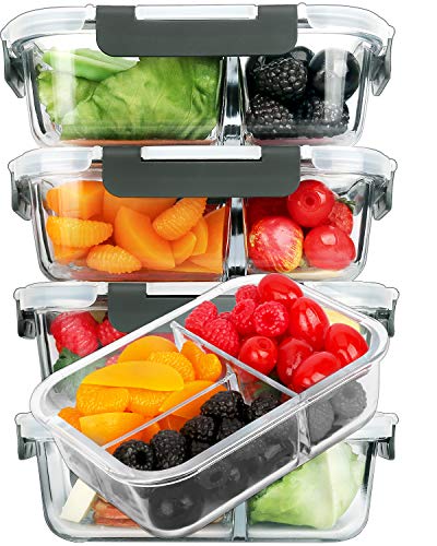 [5-Pack]Glass Meal Prep Containers 3 Compartment with Lids, Glass Lunch Containers,Food Prep Lunch Box,Bento Box,BPA-Free, Microwave, Oven, Freezer, Dishwasher (36 oz)