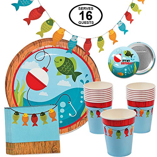 Fisherman Fishing Party Supplies Little Fisherman Gone Fishing Table Party Pack Bundle for 16 Includes Dinner Plates, Cups, Napkins and Banner