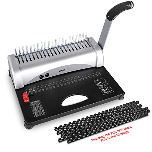 MAKEASY Binding Machine, 21-Hole, 450 Sheet, Paper Punch Binder with Starter Kit 100 PCS 3/8'' PVC Comb Bindings, Comb Binding Machine Scrapbook