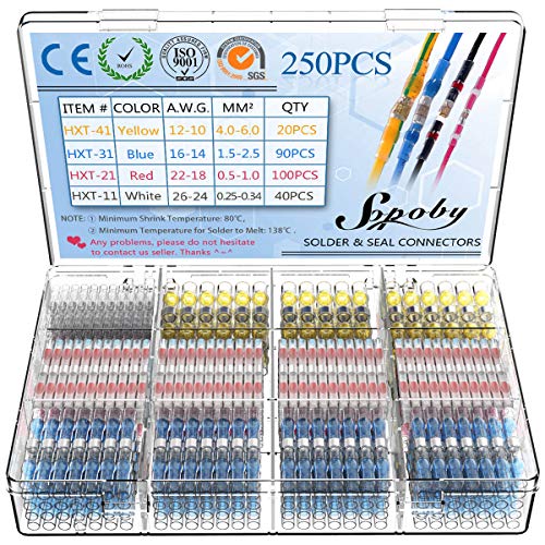 Book Cover Sopoby 250PCS Solder Seal Wire Connectors Insulated Waterproof Electrical Wire Terminals Heat Shrink Solder Butt Connectors Solder Connector Kit for Automotive Marine