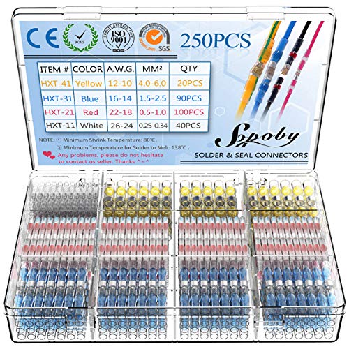 Sopoby 250PCS Solder Seal Wire Connectors Insulated Waterproof Electrical Wire Terminals Heat Shrink Solder Butt Connectors Solder Connector Kit for Automotive Marine