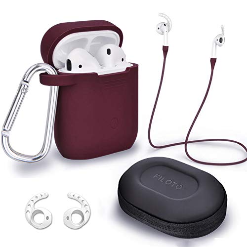Case for Airpods Accessories Set, Filoto Airpod Silicone Case Cover with Keychain/Strap/Earhooks/Accessories Storage Travel Box for Apple Airpods 2&1, Best Gift for Your Air Pod (Burgundy)