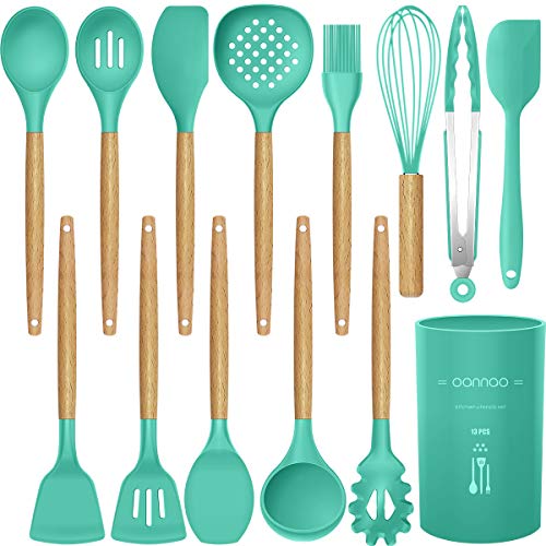 14 Pcs Silicone Cooking Utensils Kitchen Utensil Set - 446°F Heat Resistant,Turner Tongs,Spatula,Spoon,Brush,Whisk, Wooden Handles Teal Kitchen Gadgets Tools Set for Nonstick Cookware (BPA Free)