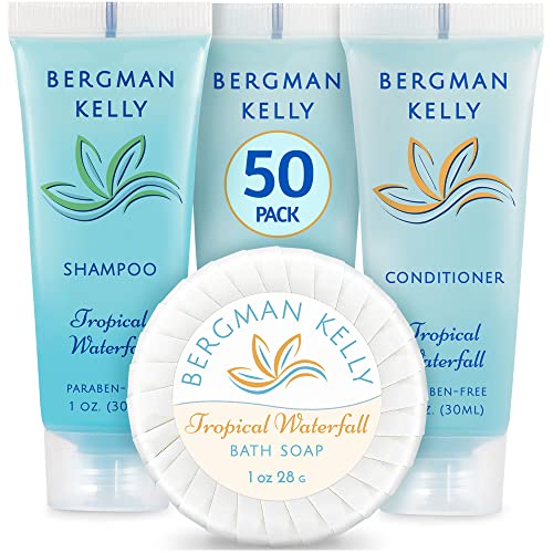 BERGMAN KELLY Round Sanitary Soap Bars, Shampoo & Conditioner 3-Piece Set (1 oz each, 150 pc, Tropical Waterfall), Delight Your Guests with Invigorating & Refreshing Bulk Travel Size Hotel Toiletries