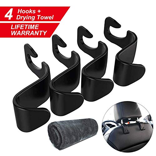 4 Pack Car Seat Headrest Hooks Strong and Durable Backseat Headrest Hanger Storage for Handbags, Purses, Coats, and Grocery Bags, Universal Vehicle Car Seat Back Headrest （Include Drying Towel