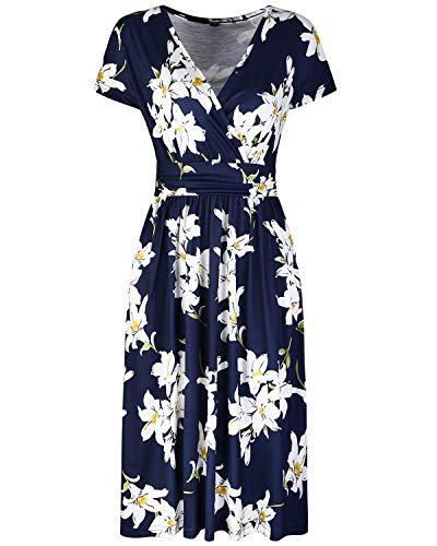 OUGES Women's Summer Short Sleeve V-Neck Floral Short Party Dress with Pockets
