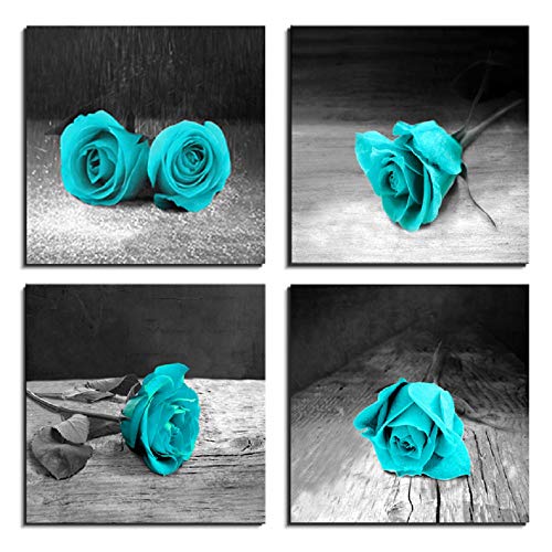 LKY ART Canvas Wall Art for Living Room Rose Painting Teal Black and White Floral Pictures - Big Modern Flower Prints - 4 Multi Panel Canvas Wall Art for Bedroom (12x48inch Total (Rose))