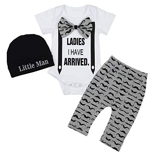 Newborn Baby Boy Clothes Hipster Bowtie Strap Short Sleeve Bodysuit +Moustache Pants+Hat 3Pcs Outfits Set