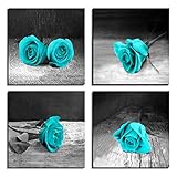LKY ART Canvas Wall Art for Living Room Rose Painting Teal Black and White Floral Pictures - Big Modern Flower Prints - 4 Multi Panel Canvas Wall Art for Bedroom (12x48inch Total (Rose)