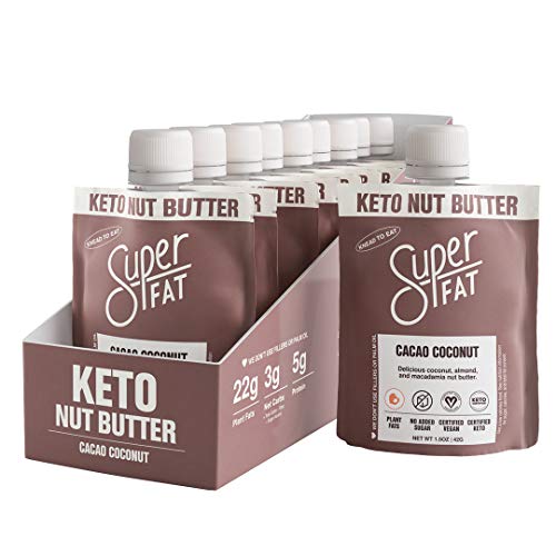 Book Cover SuperFat Nut Butter Keto Snacks - Macadamia & Almond Nut Butter Fat Bomb Paleo Snack For Energy, Metabolism & Brain Function, Vegan, Gluten Free, Low Net Carb Box of 10 x 1.5 oz (Cacao Coconut)