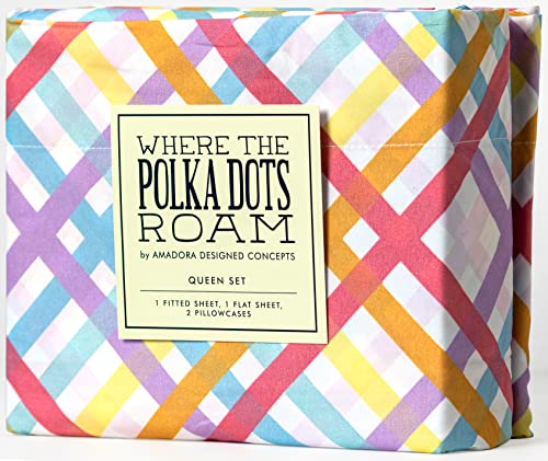 Book Cover Where The Polka Dots Roam Colorful Rainbow Gingham Sheets, Queen Sheets for Girls, Kids, Teens and Adults, Wrinkle Resistant, Super Soft Sheets. Fun Bedding in White, Blue, Yellow, Pink, Purple