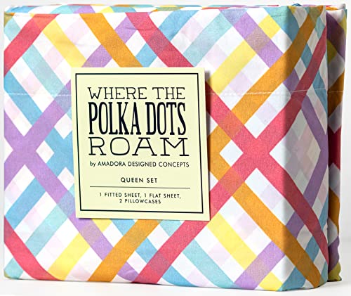 Where The Polka Dots Roam Colorful Rainbow Gingham Sheets, Queen Sheets for Girls, Kids, Teens and Adults, Wrinkle Resistant, Super Soft Sheets. Fun Bedding in White, Blue, Yellow, Pink, Purple