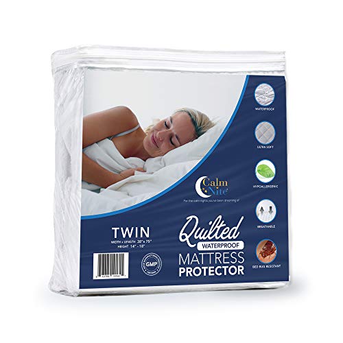 CALM NITE Twin Size Quilted Mattress Protector Ultra-Soft, Waterproof & Breathable Bed Cover | Moisture-Wicking Polyester Fabric | Sweat & Moisture Resistant (39 x 75)