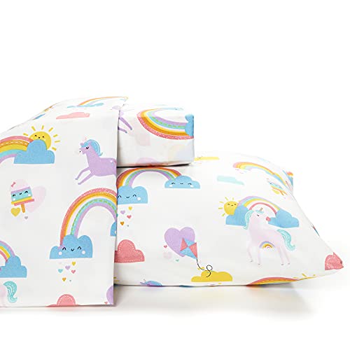 Book Cover Where the Polka Dots Roam Full Size Bed Sheets Rainbows and Unicorn 4 Piece Set â”‚ Blue and White, Unisex, Flexible Microfiber, Durable, Wrinkle-Resistant Bedding â”‚ Boys, Girls, Baby, Kids, Toddler