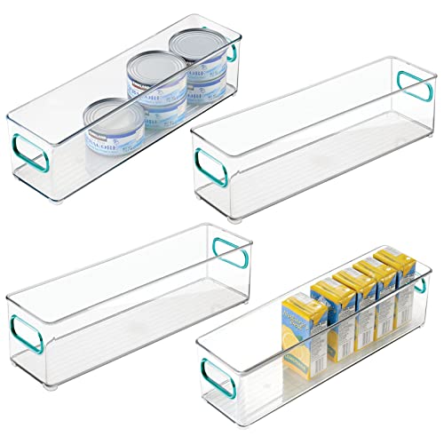 mDesign Plastic Stackable Food Storage Container Bin with Handles for Kitchen, Pantry, Cabinet, Fridge, Freezer - Long Narrow Organizer for Snacks, Produce, Vegetables, Pasta - 4 Pack - Clear/Blue