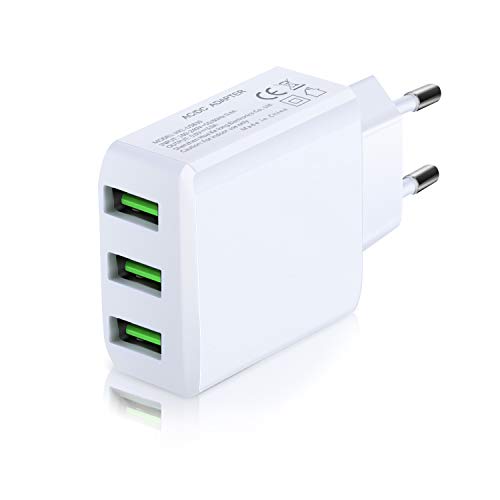 European Plug Adapter, OKRAY 5V/3A Portable 3-Port USB Europe Wall Charger Universal Travel Charger with Wall Plug Compatible iPhone Xs/XR/X/8/7/6/Plus, iPad, Samsung Galaxy S9/S8/S7 Edge, HTC (White)