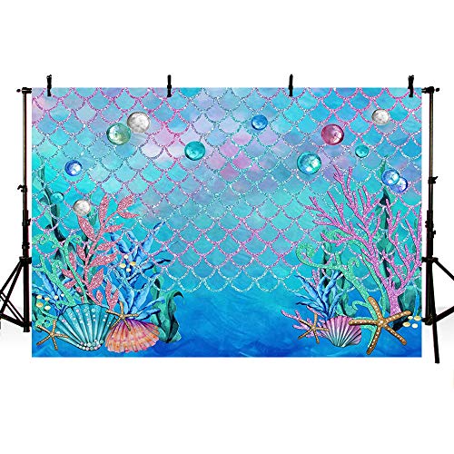 MEHOFOTO 7x5ft Under The Sea Blue Photography Backdrop Ocean Mermaid Theme Girl Birthday Party Decoration Pearls Starfish Shell Ocean Theme Baby Shower Photo Studio Booth Background Banner