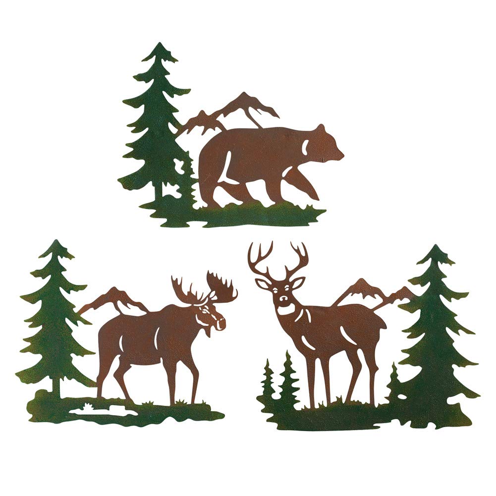 Book Cover Collections Etc Northwoods Woodland Animals and Mountains Metal Wall Art Trio - Set of 3, Includes Bear, Moose, and Deer