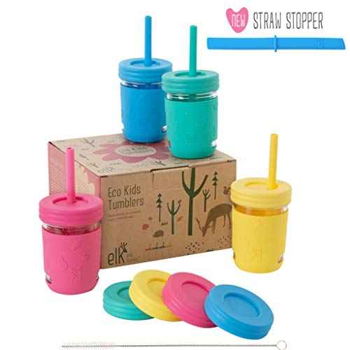 Book Cover Elk and Friends Kids Cups/Toddler cups with Silicone Straws â€“ Glass Mason Jars 8 oz with Silicone Sleeves + Straws + Straw Lids + Leakproof Lids â€“ Spill Proof cups for Kids, Sippy Cups for Toddlers