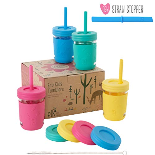 Elk and Friends Kids Cups/Toddler cups with Silicone Straws â€“ Glass Mason Jars 8 oz with Silicone Sleeves + Straws + Straw Lids + Leakproof Lids â€“ Spill Proof cups for Kids, Sippy Cups for Toddlers