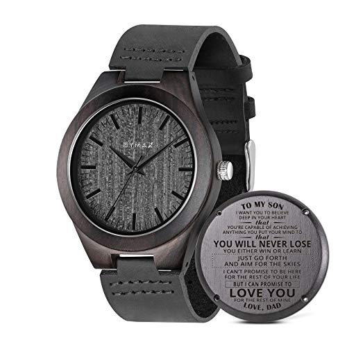 Men Wood Watch, Bymax Handmade Vintage Analog Quartz Wooden Wrist Watches with Leather Strap Band Black