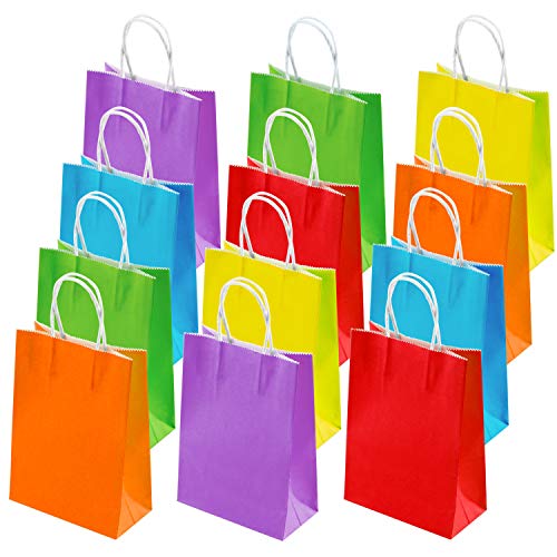 Cooraby 30 Pieces Birthday Gift Paper Kraft Bags Party Favor Bags Goody Paper Bags Rainbow Colors with Handle for Birthday, Shopping, Wedding