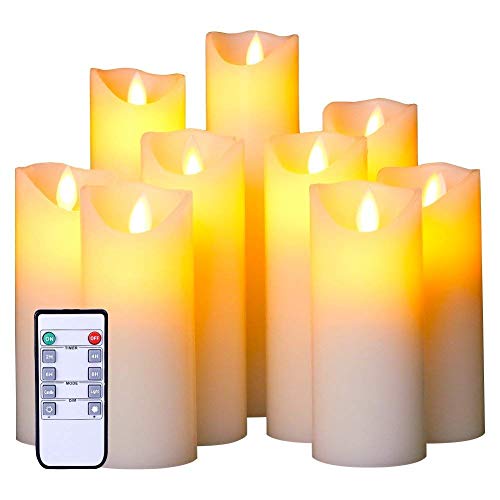Flameless LED Candles Set of 9 Real Wax Candles 10-Key Remote Control with Timer Function 300+ Hours by 2 AA Batteries Waterproof Outdoor Indoor Candles for Gift, Wedding, Votive, Yoga and Deco