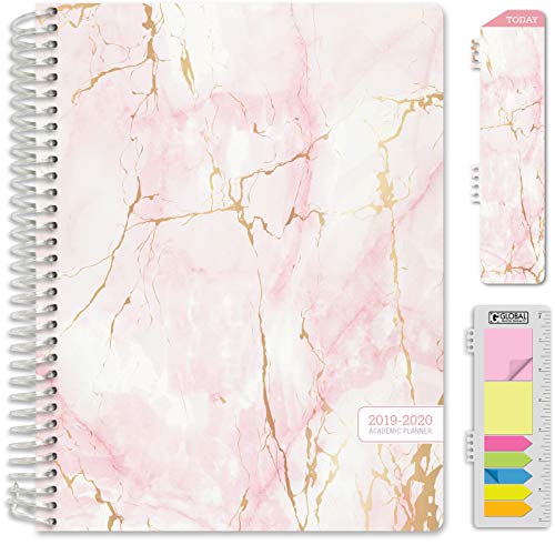 HARDCOVER Academic Planner 2019-2020: (July 2019 Through July 2020) 8.5 Daily Weekly Monthly Planner Yearly Agenda. Bonus Bookmark, Pocket Folder and Sticky Note Set (Pink Marble)