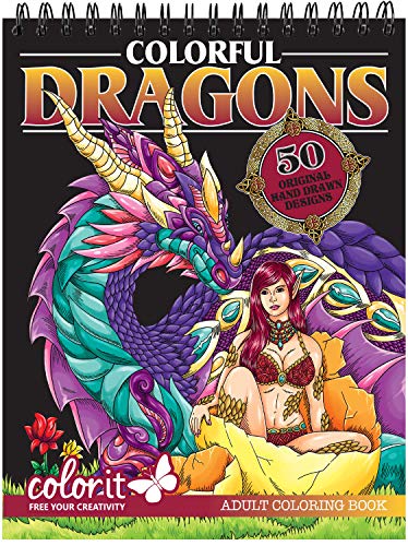 Book Cover ColorIt Colorful Dragons Adult Coloring Book - 50 Single-Sided Designs, Thick Smooth Paper, Lay Flat Hardback Covers, Spiral Bound, USA Printed, Dragon Pages to Color