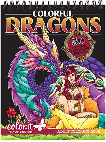ColorIt Colorful Dragons Adult Coloring Book - 50 Single-Sided Designs, Thick Smooth Paper, Lay Flat Hardback Covers, Spiral Bound, USA Printed, Dragon Pages to Color