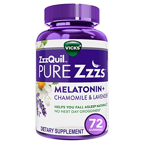 Book Cover ZzzQuil PURE Zzzs Melatonin Sleep Aid Gummies, Helps You Fall Asleep Naturally, Wildberry Vanilla Flavor, Chamomile Lavender & Valerian Root, 1mg per gummy, 72 Count