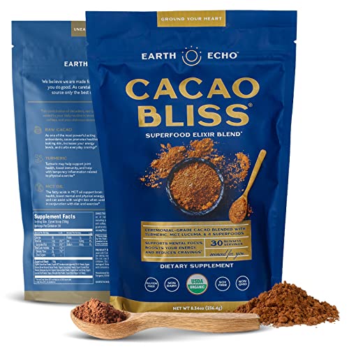 Earth Echo: Cacao Bliss - Organic Chocolate Powder Mix with Cinnamon, Turmeric, MCT Oil and Lucuma for Hot Cocoa, Smoothies and More - 30 Servings - Daily Health and Energy Superfood Support