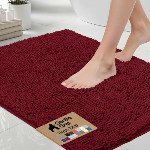 Gorilla Grip Bath Rug 30x20, Thick Soft Absorbent Chenille, Rubber Backing Quick Dry Microfiber Mats, Machine Washable Rugs for Shower Floor, Bathroom Runner Bathmat Accessories Decor, Burgundy