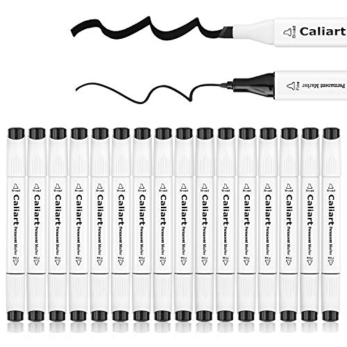 Black Permanent Markers, Caliart 16 Pack Dual Tip Black Permanent Marker Pens, Fine Point & Chisel Tip, Waterproof Markers, Premium Smear Proof Pens, Quick Drying for Doodling, Great Back to School