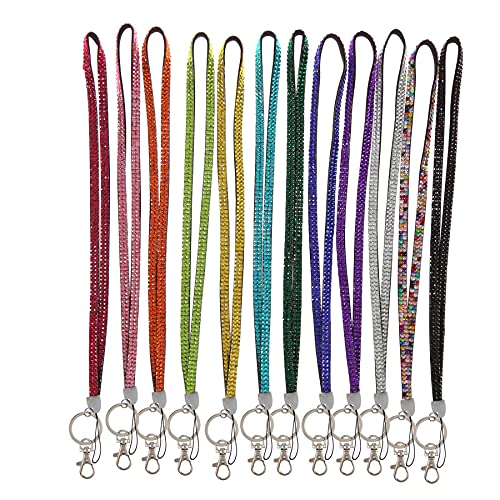 12PCS Pack 32" All Around Bling Crystal Rhinestones Leather Neck Strap Lanyard for ID Badge Keys Holder Cute Rhinestone Gift ID/Name Badge Reel(12X)