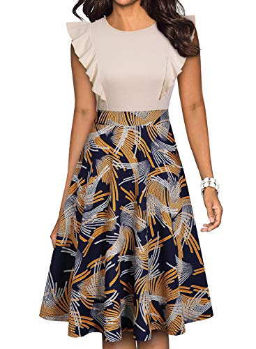 YATHON Women's Vintage Ruffle Floral Flared A Line Swing Casual Cocktail Party Dresses