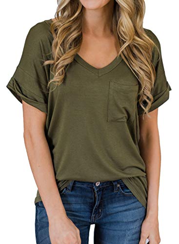 MIHOLL Women's Short Sleeve V-Neck Shirts Loose Casual Tee T-Shirt